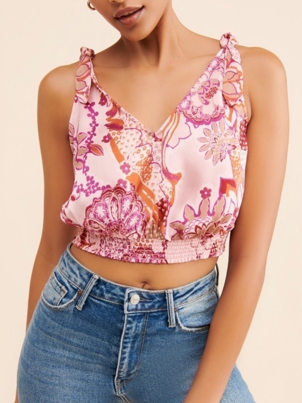 Free people weekend in montauk smocked crop top tie strap floral womens XS